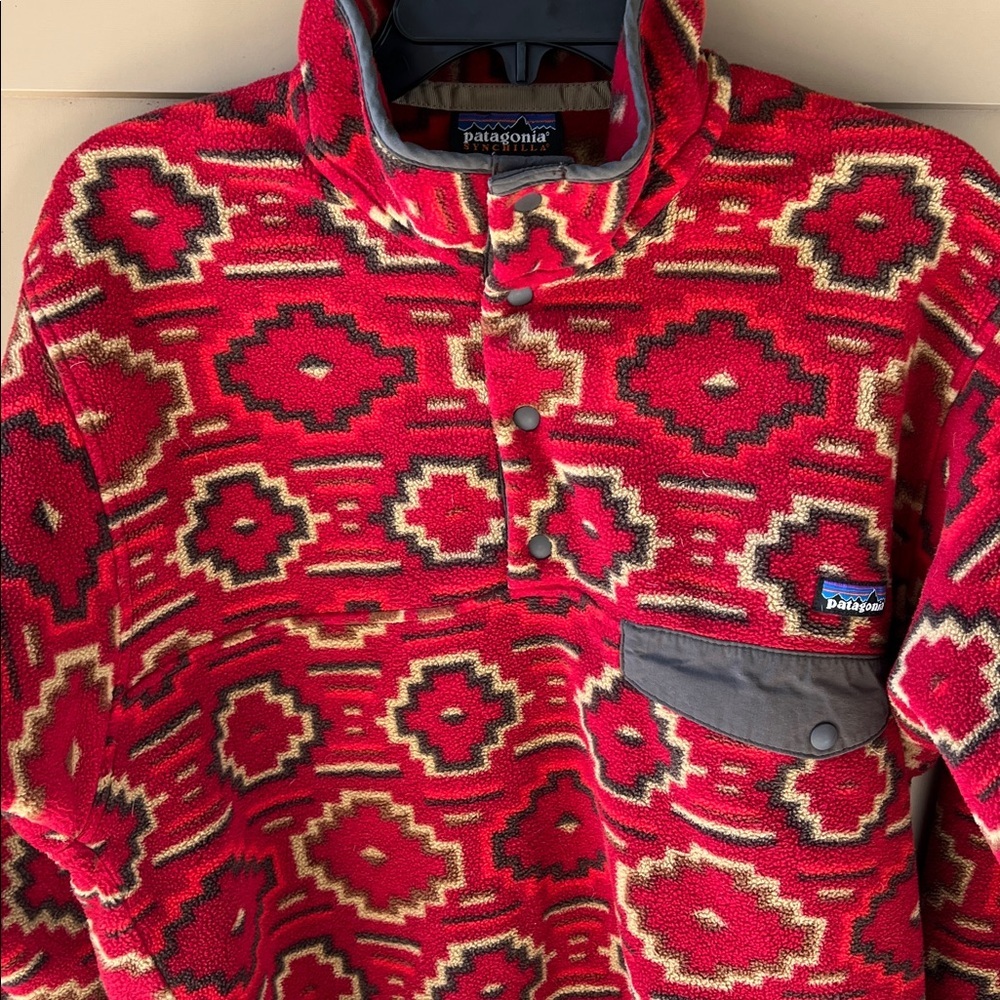 Partagonia Synchilla Men’s S Aztec Printed Sweater Rust Red Tan - Picture 4 of 13